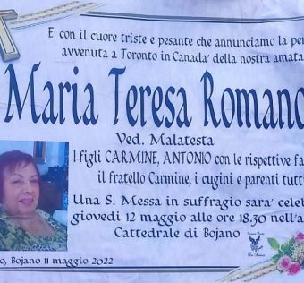 Toronto scomparsa Mariateresa Romano vedova Malatesta di Bojano