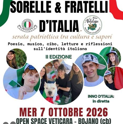Sorelle e Fratelli d’Italia II ediz. serata patriottica a Bojano per riflettere sull’identità tra musica e sapori con Filitalia Umdi Molise Noblesse
